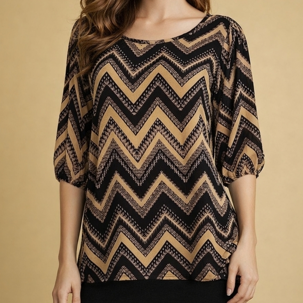 VTG LIVING DOLL Zigzag Chevron  Balloon Elbow Sleeve Chiffon Blouse